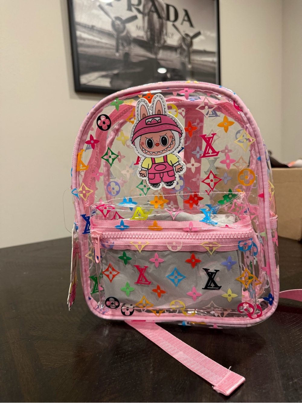 Unlisted Pink Clear Bunny Mini Backpack with Multicolor Monogram Print